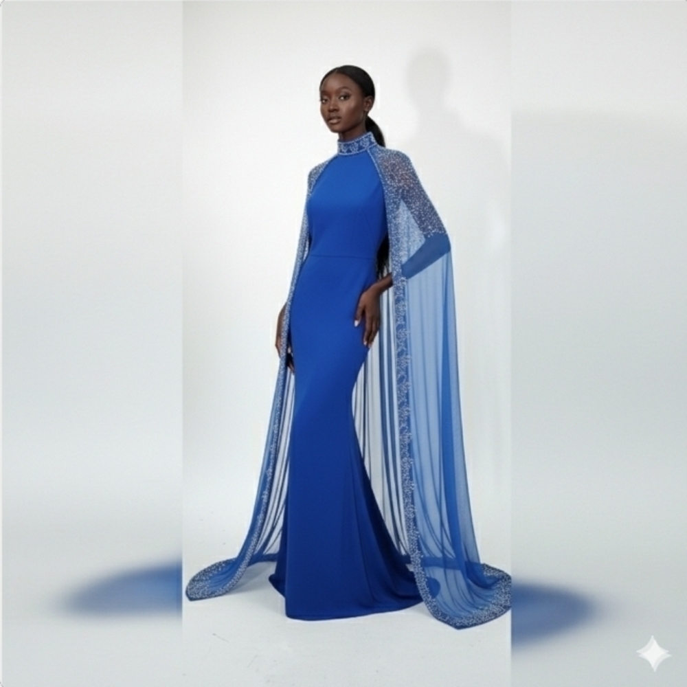 Royal Blue Mermaid Gown with Dramatic Beaded Sheer Cape - Size Small (2-4)